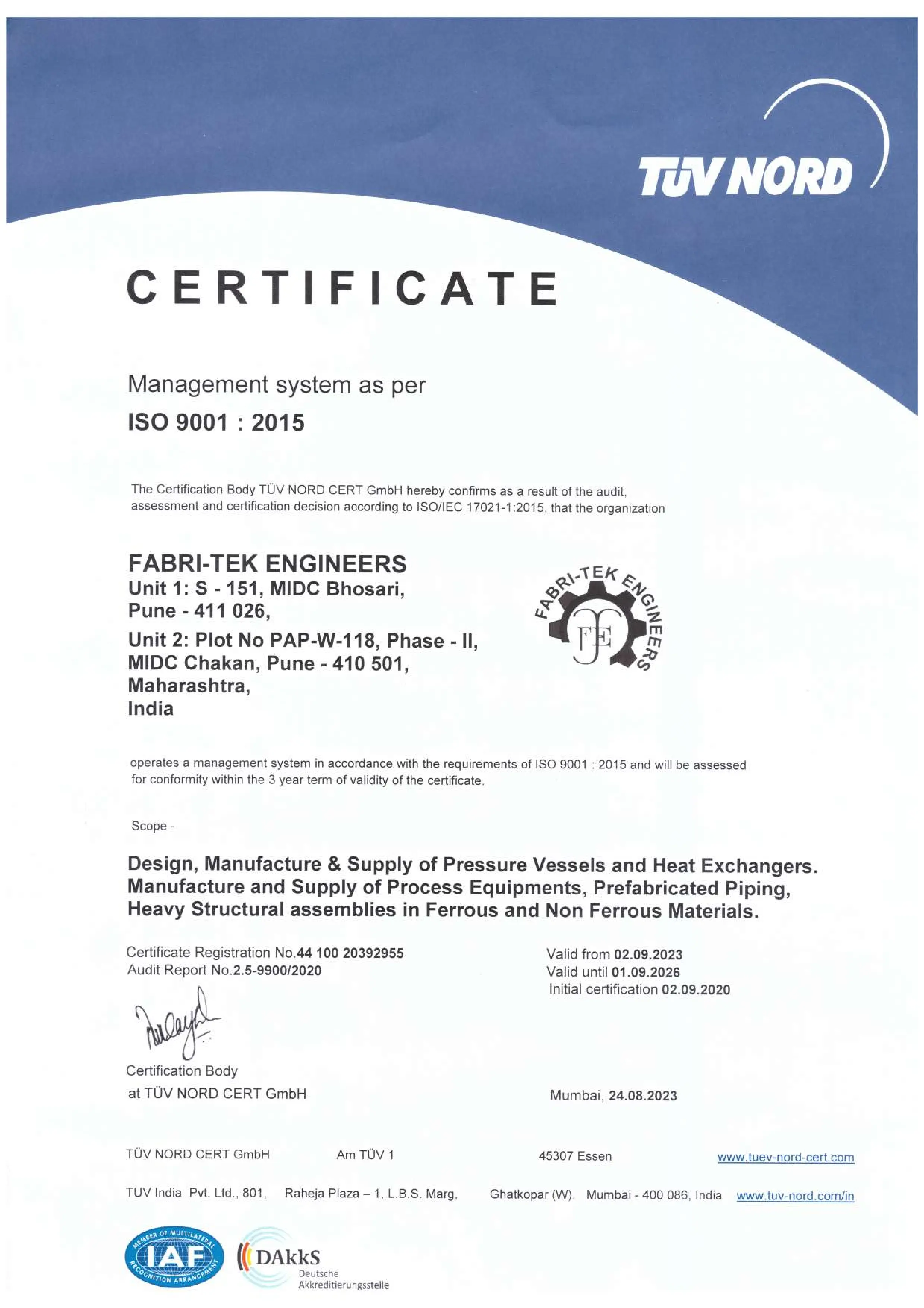 ISO Certification Fabri-Tek Engineers
